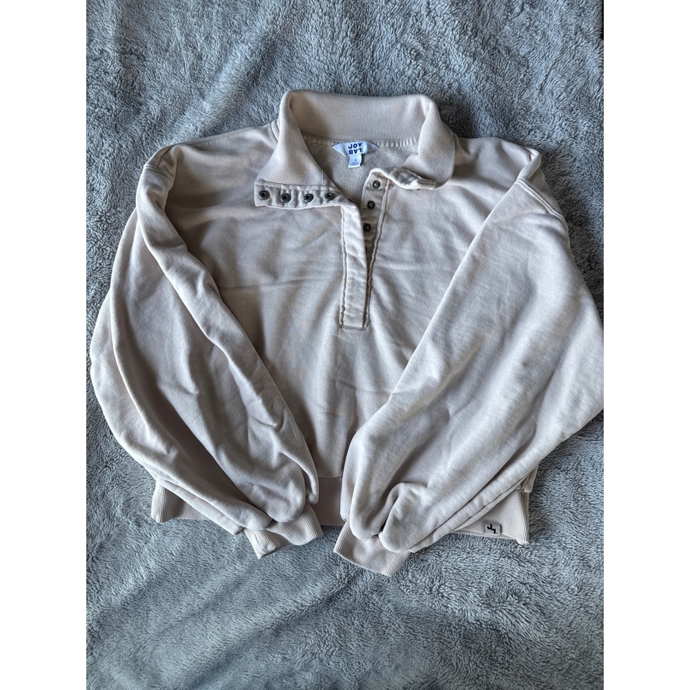 JoyLab Womens Snap Neck Sweatshirt Beige Tan Cropped Pullover Fleece Small